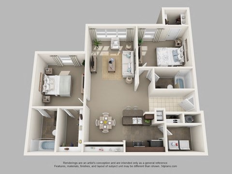 Floor plan for 2 beds, 2 baths, 1086 sqft